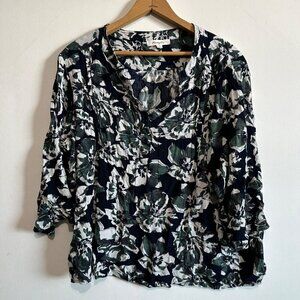 Monday Fun Top Womens Plus 2X Navy Blue Floral Print 3/4 Sleeve Popover Blouse